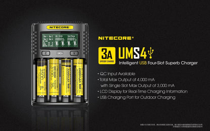 Nitecore UMS4 intelligent USB four-slot fast battery charger with LCD display compatible with Li-ion, Ni-MH, and Ni-Cd batteries
