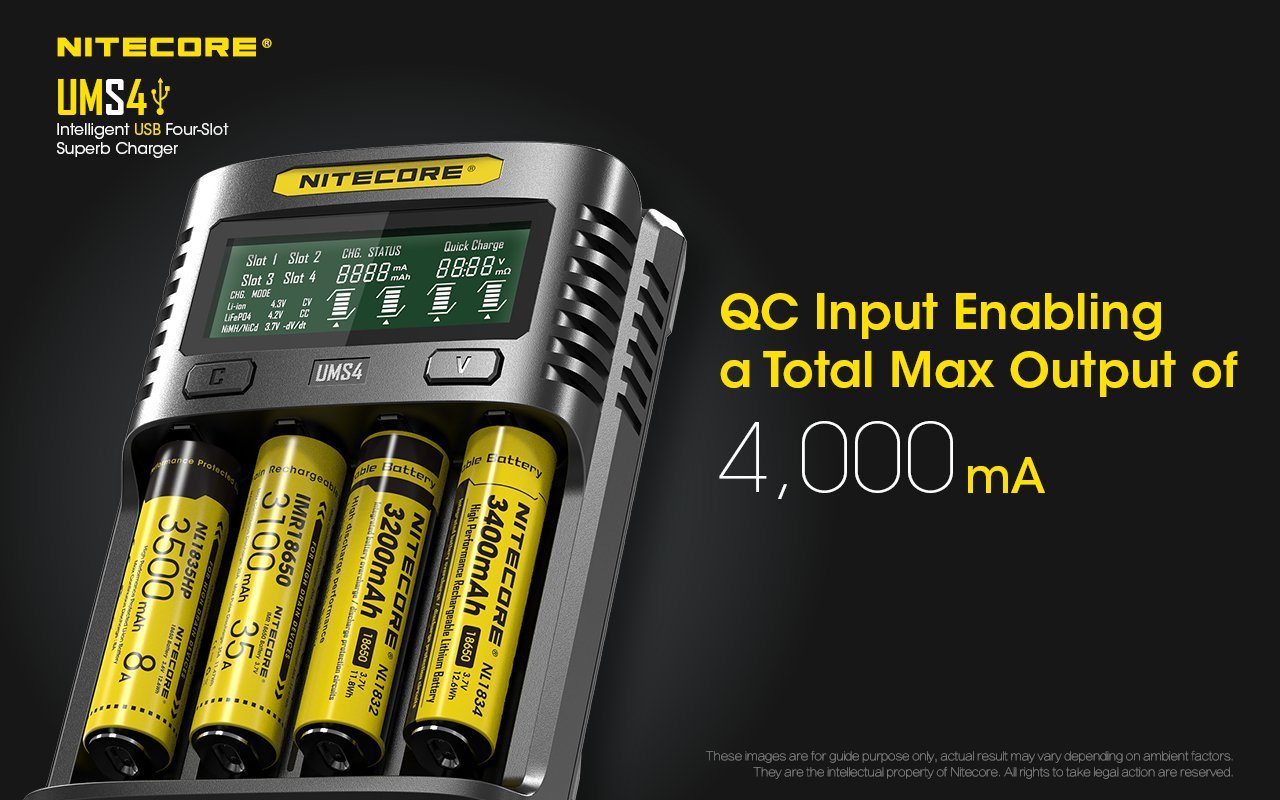 Nitecore UMS4 intelligent USB four-slot fast battery charger with LCD display compatible with Li-ion, Ni-MH, and Ni-Cd batteries