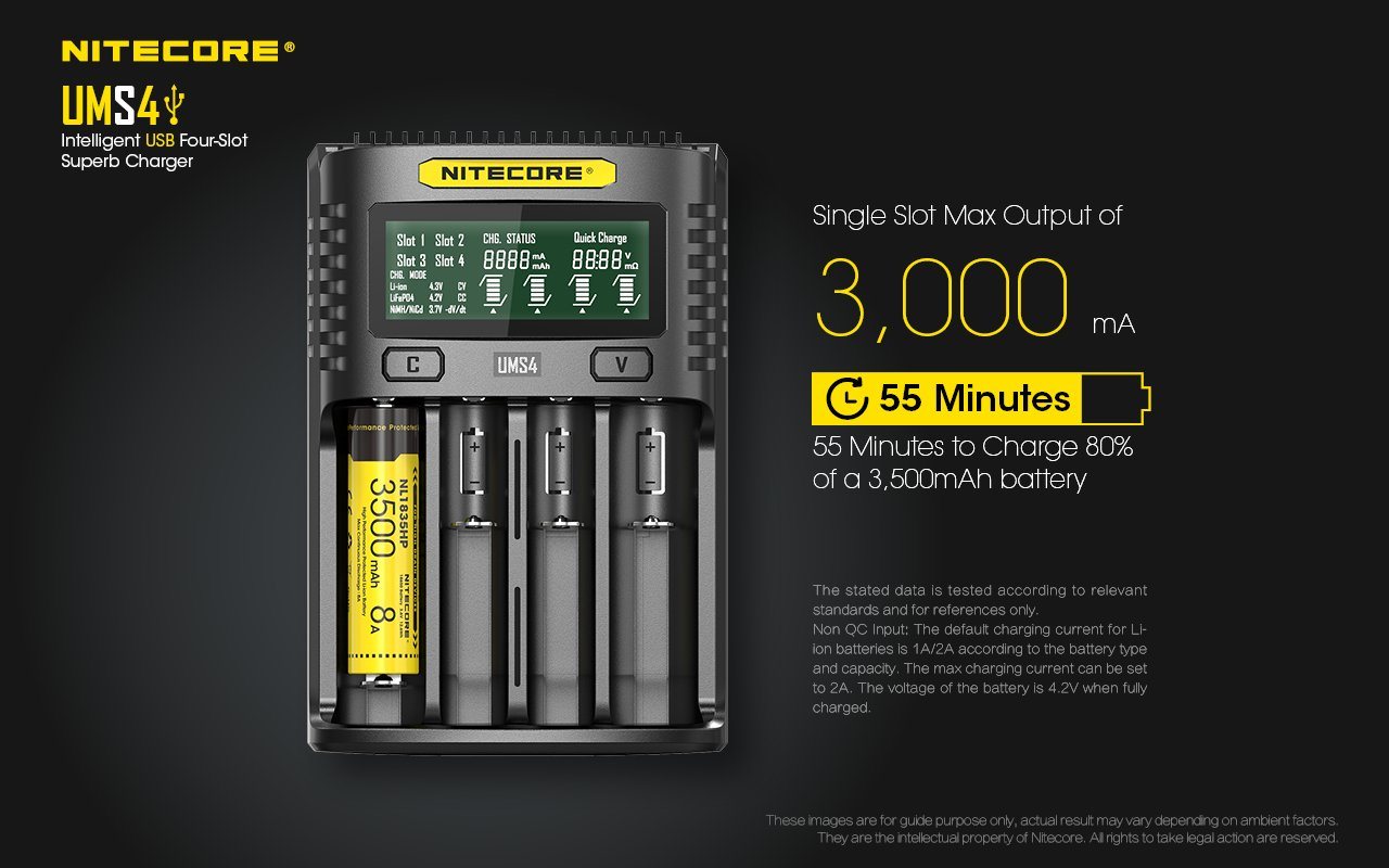 Nitecore UMS4 intelligent USB four-slot fast battery charger with LCD display compatible with Li-ion, Ni-MH, and Ni-Cd batteries
