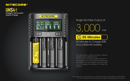 Nitecore UMS4 intelligent USB four-slot fast battery charger with LCD display compatible with Li-ion, Ni-MH, and Ni-Cd batteries