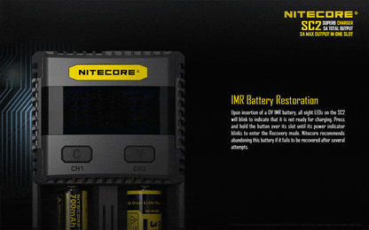 Nitecore SC2 dual-slot fast USB super charger with LCD display for Li-ion, Ni-MH, and Ni-Cd rechargeable batteries