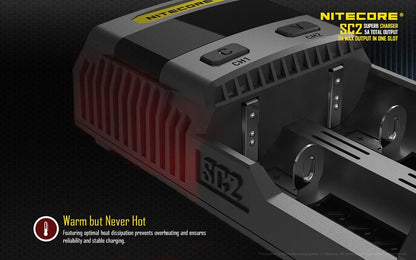 Nitecore SC2 dual-slot fast USB super charger with LCD display for Li-ion, Ni-MH, and Ni-Cd rechargeable batteries