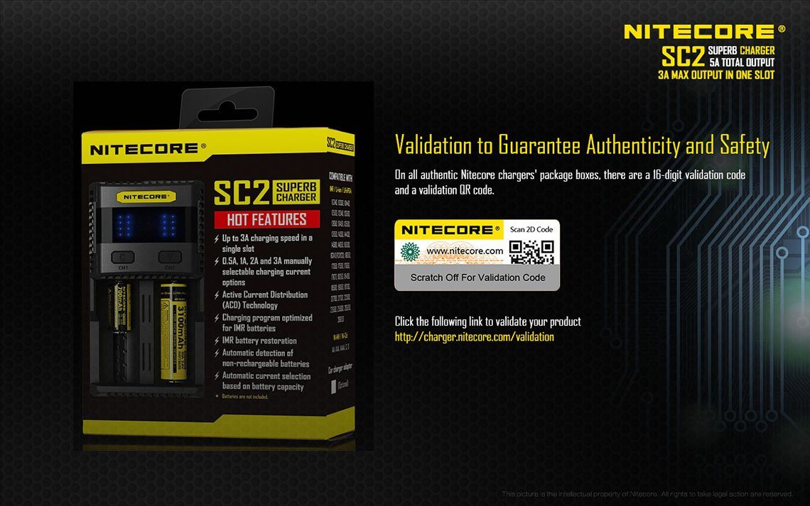 Nitecore SC2 dual-slot fast USB super charger with LCD display for Li-ion, Ni-MH, and Ni-Cd rechargeable batteries