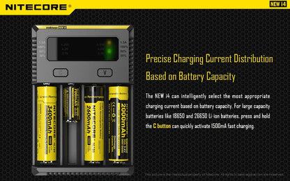 Nitecore New i4 Intellicharger four-slot universal smart battery charger compatible with Li-ion, Ni-MH, and Ni-Cd rechargeable batteries