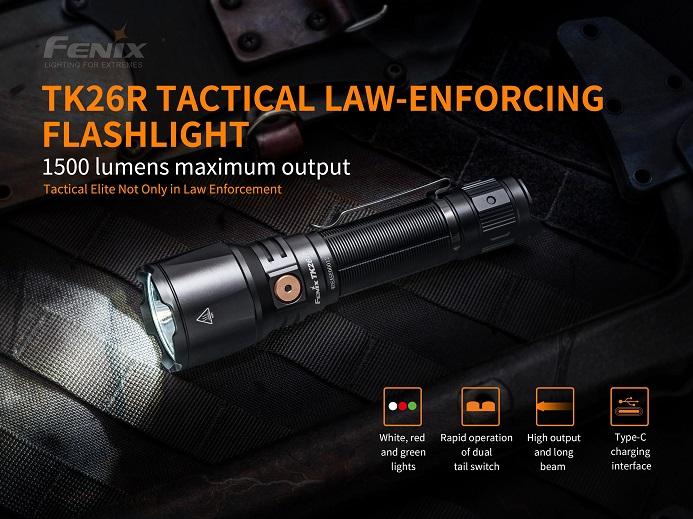 Fenix TK26R rechargeable tactical LED flashlight with 1500 lumens brightness and red, green, and white light outputs for hunting and duty use