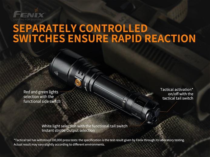 Fenix TK26R rechargeable tactical LED flashlight with 1500 lumens brightness and red, green, and white light outputs for hunting and duty use