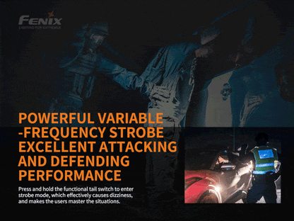 Fenix TK26R rechargeable tactical LED flashlight with 1500 lumens brightness and red, green, and white light outputs for hunting and duty use