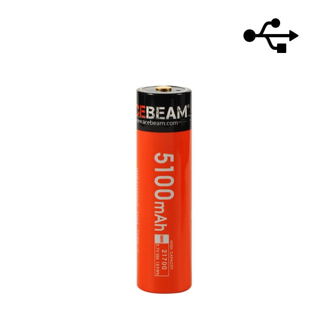 Acebeam 21700 USB-C rechargeable 5100mAh Li-ion battery for flashlights, headlamps, and high-drain electronic devices