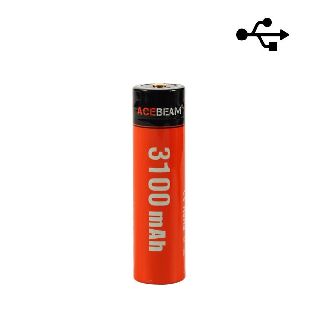 The Acebeam 18650 battery delivers 3100mAh of reliable power. USB-C rechargeable Li-ion cell built for flashlights, headlamps, and outdoor devices.