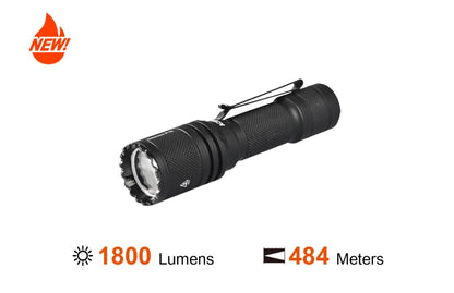 Acebeam Defender P16 black tactical rechargeable LED flashlight with 1800 lumens brightness for defense, duty, and outdoor lighting