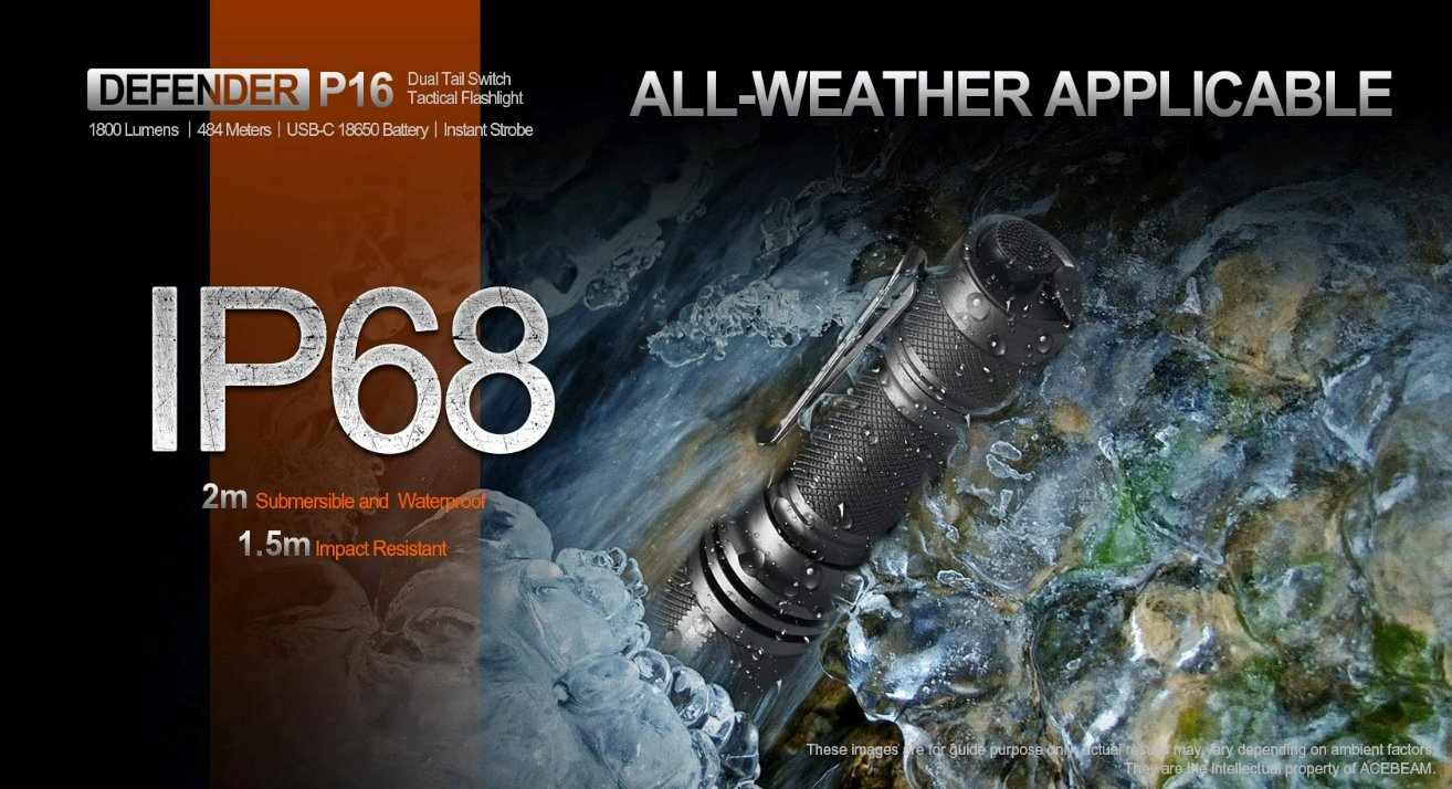 Acebeam Defender P16 black tactical rechargeable LED flashlight with 1800 lumens brightness for defense, duty, and outdoor lighting