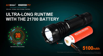 Acebeam P17 rechargeable tactical LED flashlight with 4900 lumens brightness for military, duty, and outdoor professional use