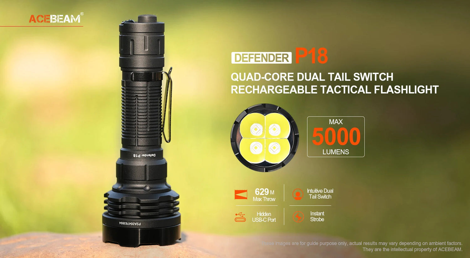 Acebeam P18 quad-core rechargeable tactical LED flashlight with 5000 lumens brightness for law enforcement and outdoor use
