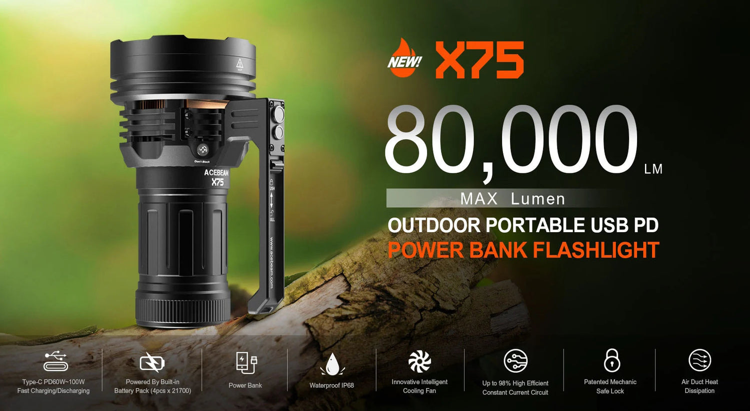 Acebeam X75 brightest rechargeable LED flashlight with 80,000 lumens brightness and built-in power bank for search and outdoor use