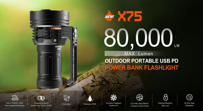 Acebeam X75 brightest rechargeable LED flashlight with 80,000 lumens brightness and built-in power bank for search and outdoor use