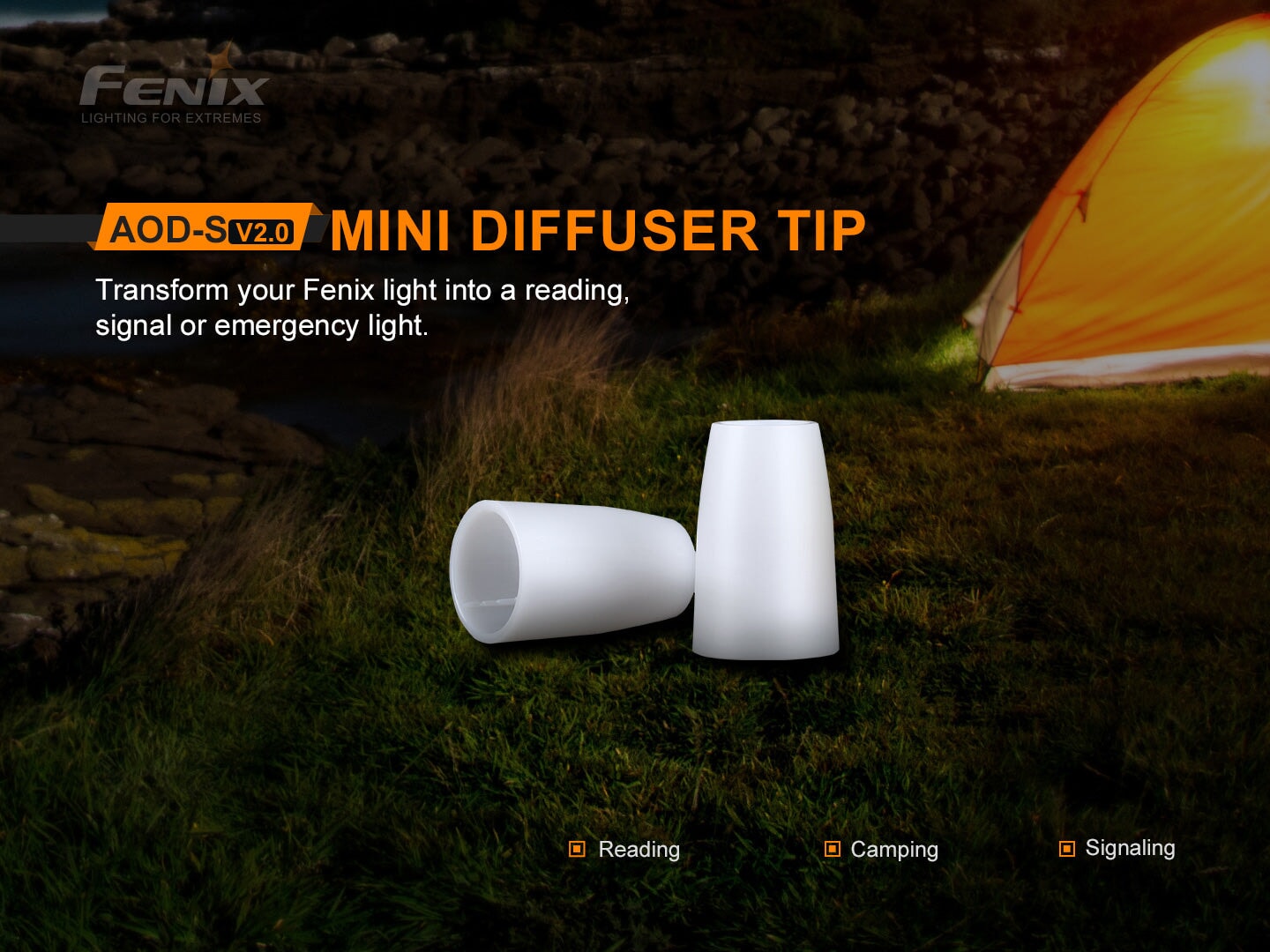 Fenix AOD-S V2 diffuser adapter for LED flashlights providing soft white light for camping, reading, and emergency lighting