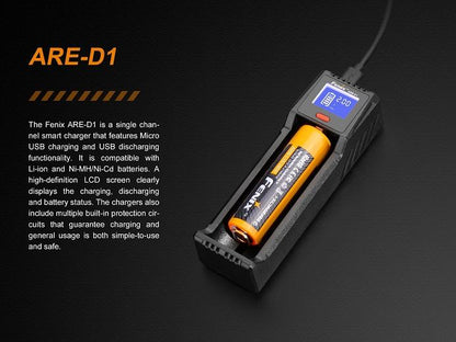 Fenix ARE-D1 single bay smart USB battery charger for Li-ion and Ni-MH rechargeable batteries with digital display