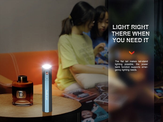 Fenix E-CP black rechargeable LED flashlight with 1600 lumens brightness and built-in powerbank for travel and emergency use