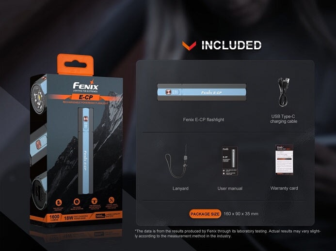 Fenix E-CP black rechargeable LED flashlight with 1600 lumens brightness and built-in powerbank for travel and emergency use