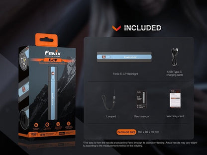Fenix E-CP black rechargeable LED flashlight with 1600 lumens brightness and built-in powerbank for travel and emergency use