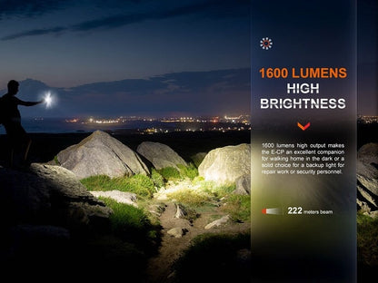Fenix E-CP black rechargeable LED flashlight with 1600 lumens brightness and built-in powerbank for travel and emergency use