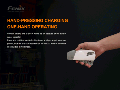 Fenix E-Star self-powered rechargeable LED emergency flashlight with 100 lumens brightness for travel, camping, and power outage use