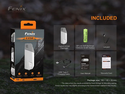 Fenix E-Star self-powered rechargeable LED emergency flashlight with 100 lumens brightness for travel, camping, and power outage use