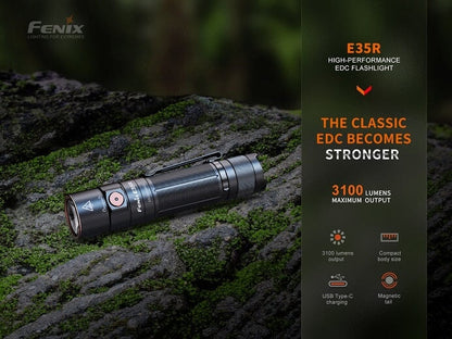 Fenix E35R rechargeable high-performance EDC flashlight with 3100 lumens brightness for outdoor, professional, and everyday lighting