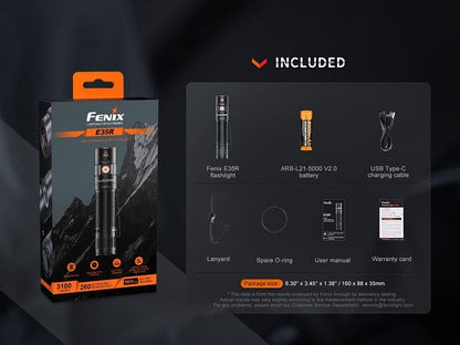 Fenix E35R rechargeable high-performance EDC flashlight with 3100 lumens brightness for outdoor, professional, and everyday lighting