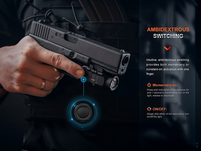 Fenix GL06-365 compact pistol-mounted tactical LED light with 600 lumens brightness for defense, law enforcement, and duty applications
