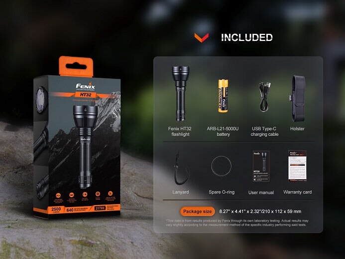 Fenix HT32 rechargeable LED flashlight with 2500 lumens brightness and red, green, and white light outputs for outdoor and hunting use