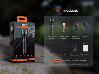 Fenix HT32 rechargeable LED flashlight with 2500 lumens brightness and red, green, and white light outputs for outdoor and hunting use