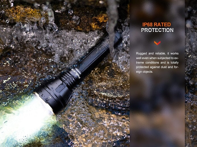 Fenix HT32 rechargeable LED flashlight with 2500 lumens brightness and red, green, and white light outputs for outdoor and hunting use