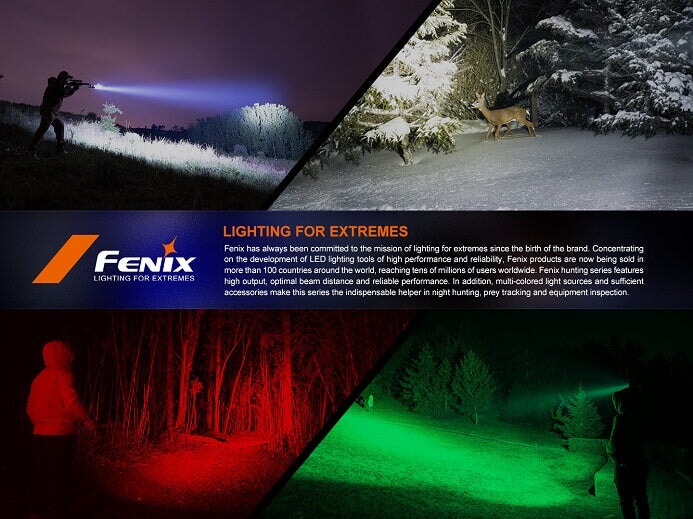Fenix HT32 rechargeable LED flashlight with 2500 lumens brightness and red, green, and white light outputs for outdoor and hunting use