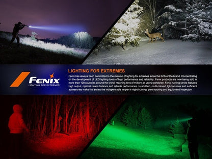 Fenix HT32 rechargeable LED flashlight with 2500 lumens brightness and red, green, and white light outputs for outdoor and hunting use