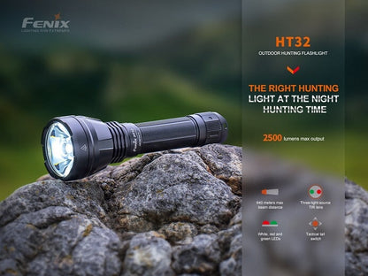 Fenix HT32 rechargeable LED flashlight with 2500 lumens brightness and red, green, and white light outputs for outdoor and hunting use