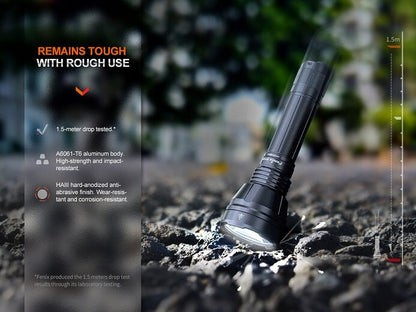 Fenix HT32 rechargeable LED flashlight with 2500 lumens brightness and red, green, and white light outputs for outdoor and hunting use