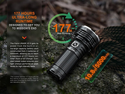 Fenix LR40R V2.0 rechargeable LED flashlight with 15,000 lumens brightness for search, rescue, and outdoor professional applications