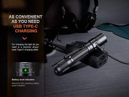 Fenix PD35R compact rechargeable tactical LED flashlight with 1700 lumens brightness for law enforcement, work, and outdoor use