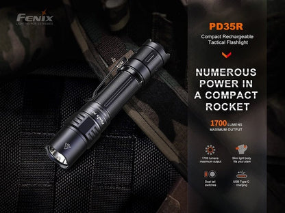 Fenix PD35R compact rechargeable tactical LED flashlight with 1700 lumens brightness for law enforcement, work, and outdoor use