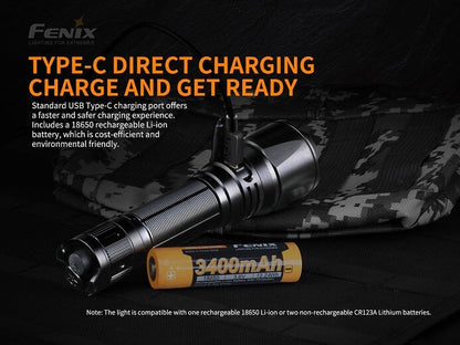 Fenix TK26R rechargeable tactical LED flashlight with 1500 lumens brightness and red, green, and white light outputs for hunting and duty use