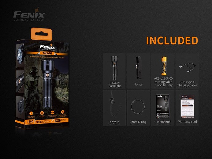 Fenix TK26R rechargeable tactical LED flashlight with 1500 lumens brightness and red, green, and white light outputs for hunting and duty use