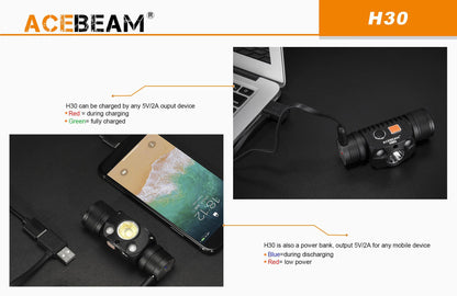 Acebeam H30 rechargeable LED headlamp with 4000 lumens brightness and red &amp; green light modes for hunting, camping, and outdoor adventures