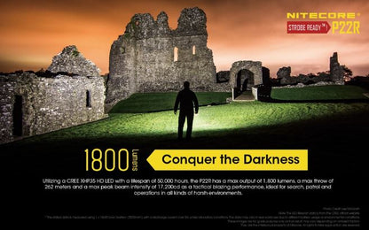 Nitecore P22R USB-C rechargeable strobe-ready tactical LED flashlight with 1800 lumens brightness for law enforcement and defense use
