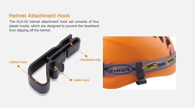 Fenix ALD-02 helmet attachment hook set for securing headlamps on helmets with durable plastic clips for work and outdoor use