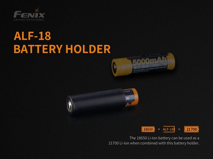 Fenix ALF-18 battery holder adapter converts 18650 batteries for use in 21700 flashlight models with durable and secure design