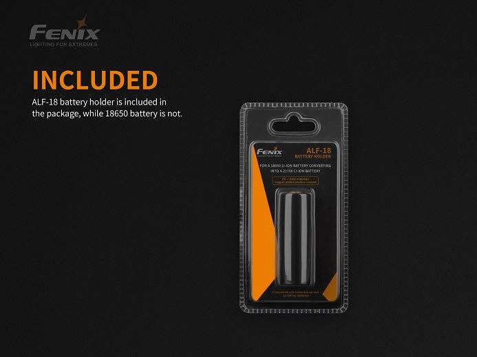 Fenix ALF-18 battery holder adapter converts 18650 batteries for use in 21700 flashlight models with durable and secure design