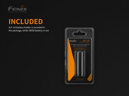 Fenix ALF-18 battery holder adapter converts 18650 batteries for use in 21700 flashlight models with durable and secure design