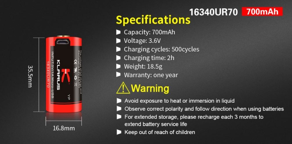 Klarus 16340-700mAh Rechargeable Battery (with USB port)