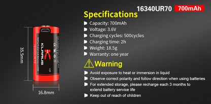 Klarus 16340-700mAh Rechargeable Battery (with USB port)